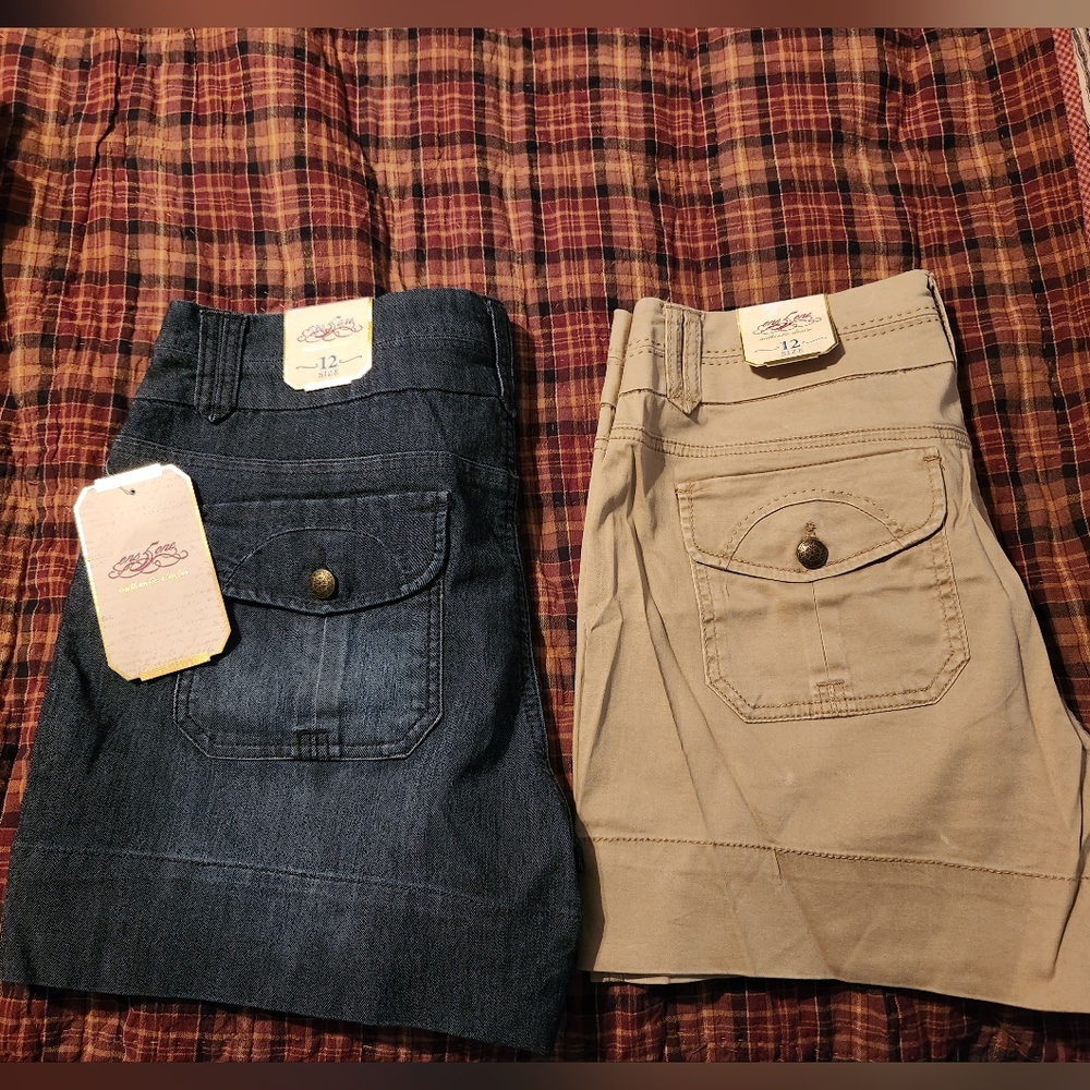 One 5 One Brand Denim and Khaki Skirts with Buttoned Pockets. (lot of 2)